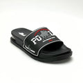 A black slide sandal with a wide strap featuring a white and red 'POLO CHAMPIONSHIP' graphic with polo player silhouettes, set against a plain white background.