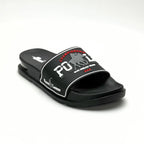 A black slide sandal with a wide strap featuring a white and red 'POLO CHAMPIONSHIP' graphic with polo player silhouettes, set against a plain white background.