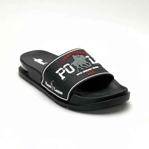 A black slide sandal with a wide strap featuring a white and red 'POLO CHAMPIONSHIP' graphic with polo player silhouettes, set against a plain white background.